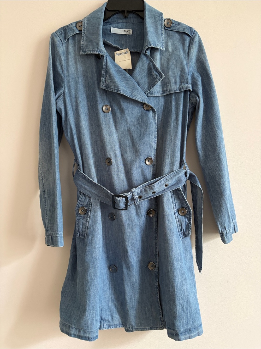 Max Jeans Medium Blue Denim Double-Breasted Trench Coat with Belt